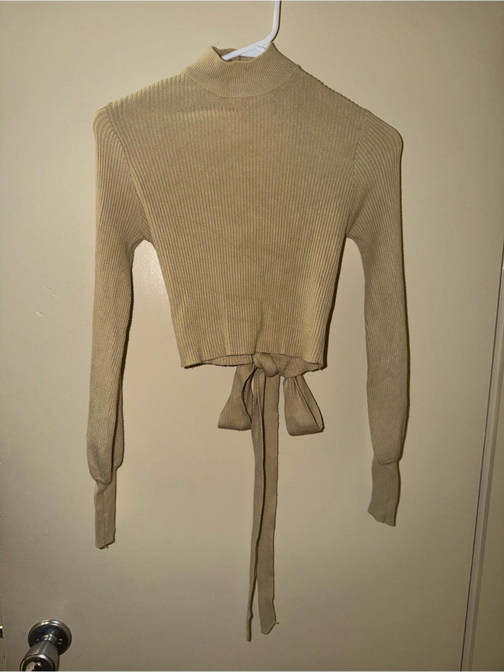 Forever 21 Tan Ribbed Tie-Front Mock Neck Top
